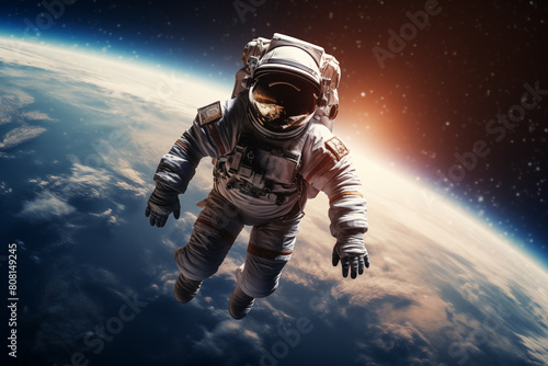 Astronaut floating in the vastness of space with Earth in the background