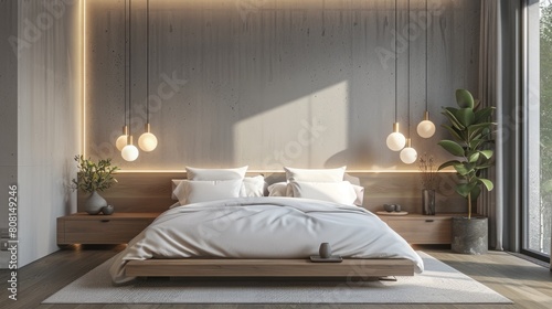 scandinavian interior design, chic scandinavian bedroom with minimalistic platform bed, clean white bedding, stylish bedside tables, and contemporary pendant lights for a modern vibe photo