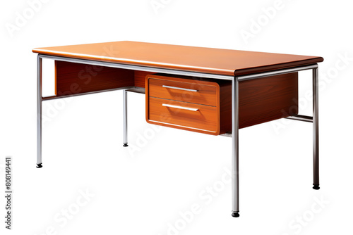 Office desk with a drawer and metal legs isolated on transparent background.
