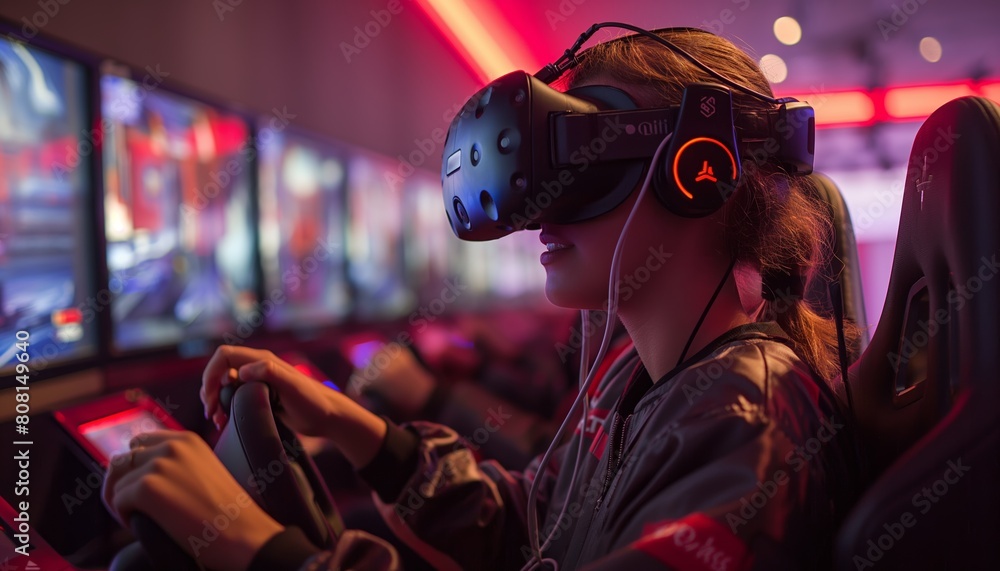 Obraz premium Gamer using VR technology in a gaming chair