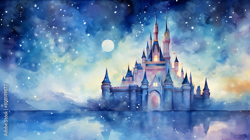 Produce a watercolor background featuring a dreamy castle surrounded by a moat under a star-filled night sky photo