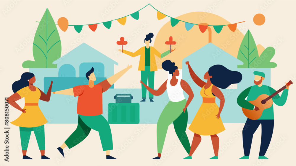 Visitors enjoying live music and dance performances at the Cultural Celebration section of the local Health and Wellness Fair promoting the importance. Vector illustration