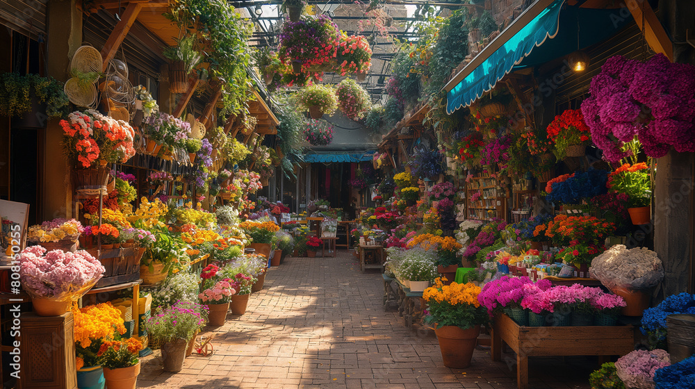 A visually stunning composition capturing the hustle and bustle of a flower fair market, with vendors selling a colorful array of fresh-cut flowers, potted plants, and gardening su