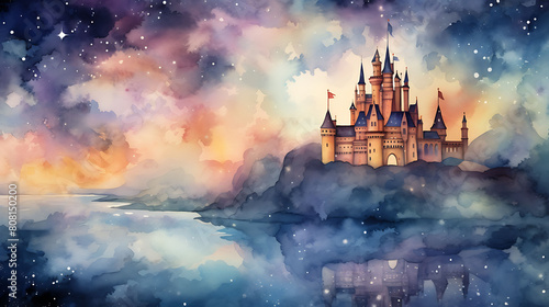 Produce a watercolor background featuring a dreamy castle surrounded by a moat under a star-filled night sky photo