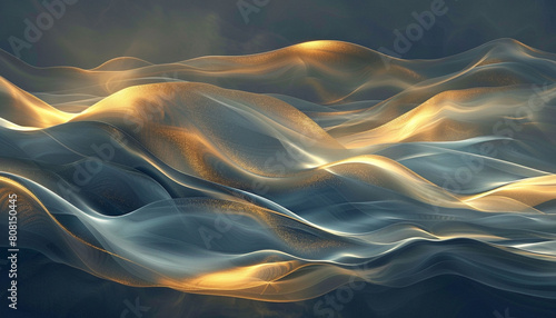 A tranquil and elegant interaction of soft gold and deep blue waves, merging in a graceful and peaceful manner that brings to mind the calmness of a late summer night.