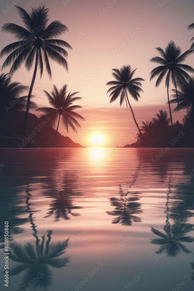 Sunset over the palm trees on an exotic beach, with a colorful sky and reflections in the water.
