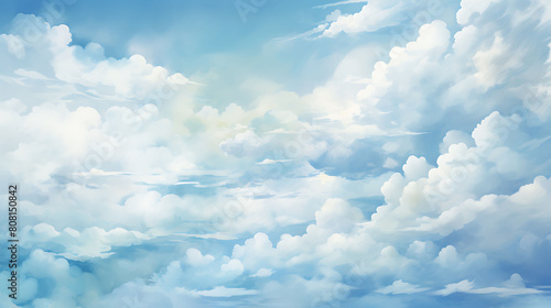 Soft, fluffy clouds made of light blue and white watercolor splashes, floating in a clear sky photo
