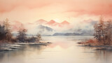 Soft watercolor washes in hues of dawn, portraying the quiet before the world wakes
