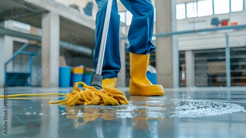 Closeup of office cleaner mopping floor. Concept Closeup, Office Cleaner, Mopping Floor