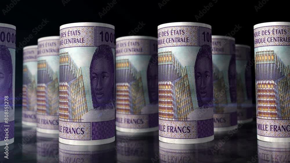 Central African CFA Franc money Cameroon Chad Congo Gabon rolls loop 3d. Camera moving in front of 10000 XAF rolling banknotes. Seamless loopable concept of economy, finance, business and debt. Central African CFA Franc money Cameroon Chad Congo Gabon rolls loop 3d. Camera moving in front of 10000 XAF rolling banknotes. Seamless loopable concept of economy, finance, business and debt.