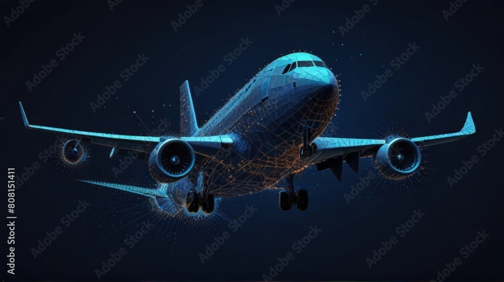 Front view of an airplane in a hangar in dark blue. Airplane maintenance, aircraft repair service concept. Abstract polygonal 3d wireframe looks like a starry sky. Digital vector mesh with lines Front view of an airplane in a hangar in dark blue. Airplane maintenance, aircraft repair service concept. Abstract polygonal 3d wireframe looks like a starry sky. Digital vector mesh with lines