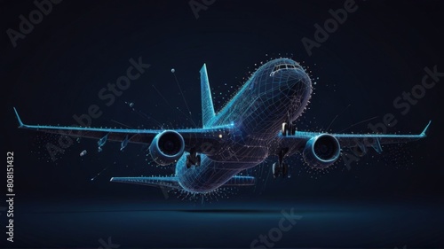 Front view of an airplane in a hangar in dark blue. Airplane maintenance, aircraft repair service concept. Abstract polygonal 3d wireframe looks like a starry sky. Digital vector mesh with lines