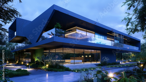 An image of an ultra-modern house exterior in a striking shade of sapphire blue, with angular overhangs and a transparent glass balcony railing.  photo