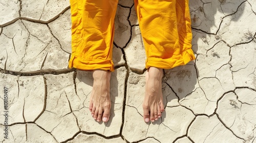 Close up of feet standing on cracked dry land, symbolizing the grandmother's struggle during food drums and lots of water .