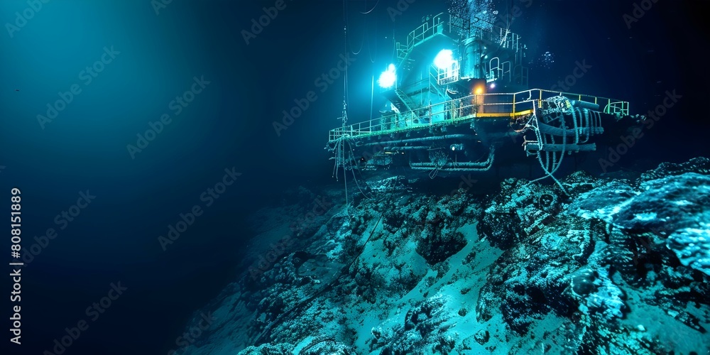 Extracting Rare Earth Minerals from the Ocean Floor: The Process of Deep Sea Mining. Concept Mining Process, Ocean Floor Exploration, Rare Earth Minerals, Environmental Impact