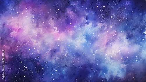 Watercolor splashes creating the illusion of a distant galaxy, in deep purples and blues with stars scattered throughout photo
