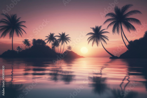 Sunset over the palm trees on an exotic beach, with a colorful sky and reflections in the water.