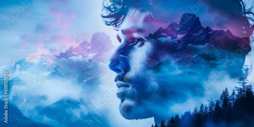 Unity Symbolized: Double Exposure of Man's Face Overlapping Mountains and Forests. Concept Double Exposure Photography, Nature and Humanity, Symbolism in Art, Creative Portraits, Unity in Visuals