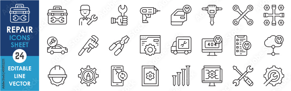 A set of linear icons of repair. Mechanics, instrument, mend, repair related icons set in outline style. Vector illustrations. A set of linear icons of repair. Mechanics, instrument, mend, repair related icons set in outline style. Vector illustrations.