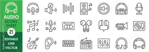 A set of linear icons related to audio. Outline icons set of music.