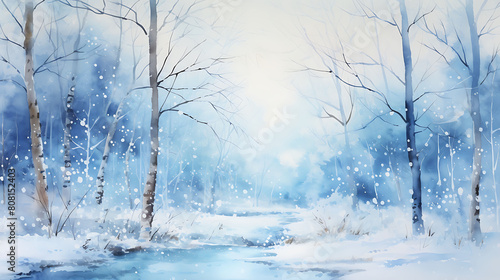 Watercolor splashes in cool blues and whites, creating the impression of a snowy winter landscape © Sunny