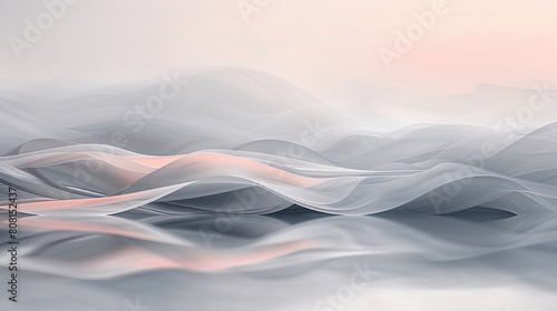 A tranquil portrayal of soft grey and pastel pink waves flowing together, suggesting the gentle caress of an early morning mist over a quiet lake.