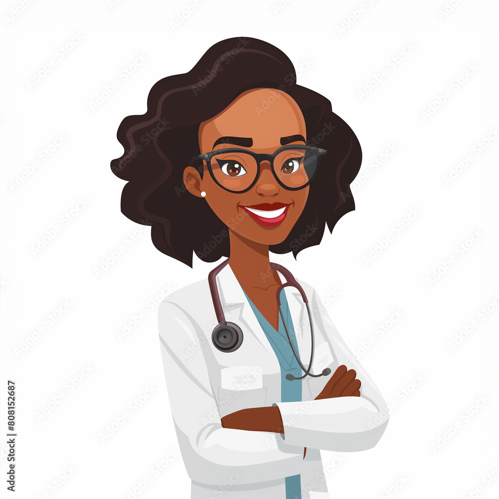 Black smiling female medical character, doctor, therapist avatar, isolated on white background Black smiling female medical character, doctor, therapist avatar, isolated on white background