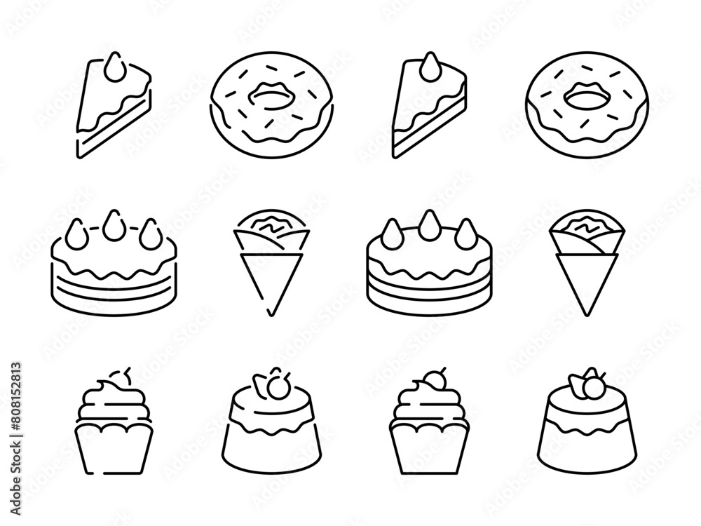 Dessert icon set. Basic flat design sweets. Cake, cupcake, donut, doughnut, crepe, pudding sign symbol. Piece of cake, pound cake. Dessert icon set. Basic flat design sweets. Cake, cupcake, donut, doughnut, crepe, pudding sign symbol. Piece of cake, pound cake.