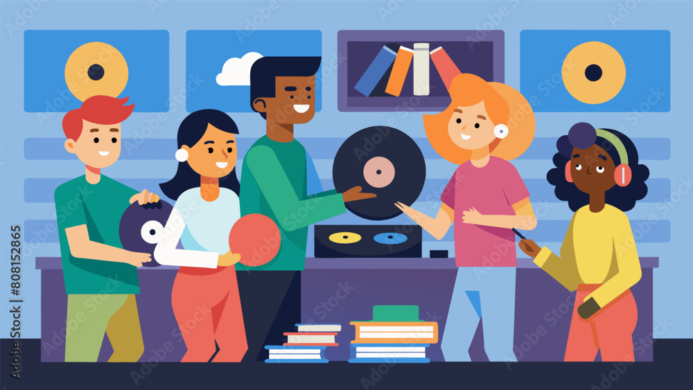 As a fun classroom activity the vinyl record education class recreates the experience of a record store by setting up bins of vinyl records and Vector illustration As a fun classroom activity the vinyl record education class recreates the experience of a record store by setting up bins of vinyl records and Vector illustration