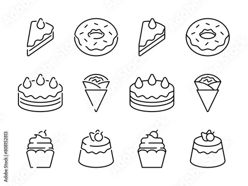 Dessert icon set. Basic flat design sweets. Cake, cupcake, donut, doughnut, crepe, pudding sign symbol. Piece of cake, pound cake.