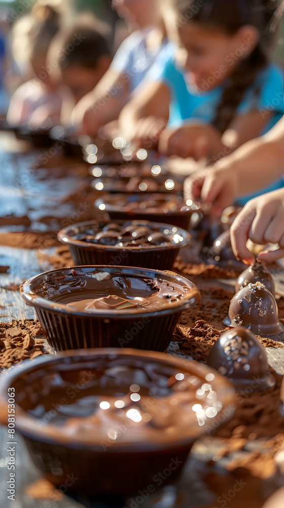 Children's Chocolate Crafting Workshop at Local Fair: Ultra Realistic Photo Concept of Kids Engaging in Fun Chocolate Craft Activities, Learning to Make Simple Creations Children's Chocolate Crafting Workshop at Local Fair: Ultra Realistic Photo Concept of Kids Engaging in Fun Chocolate Craft Activities, Learning to Make Simple Creations