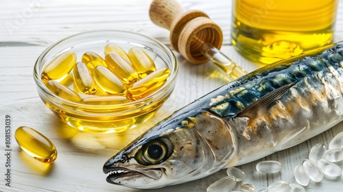 Mackerel fish with yellow bowl filled with gels, a dropper, illustrating the natural sources of essential nutrients