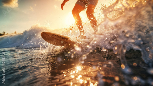 Closeup legs of a surfer standing on a surfboard. Extreme surfer. Surfing  fun in the sea or ocean.