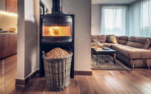 a wood pellet stove in a modern living room, AI generated