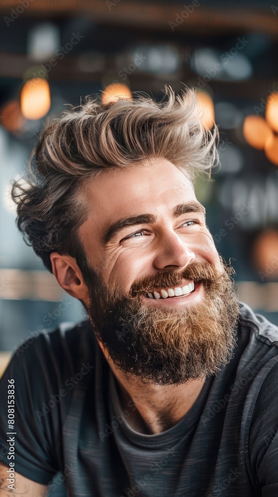Man with a beard and healthy hair smiling in a casual setting Man with a beard and healthy hair smiling in a casual setting