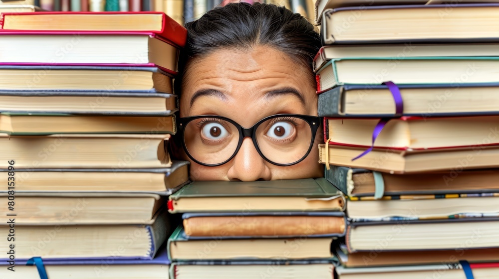 A woman peers out from among a stack of books Another face appears from behind the books A woman peers out from among a stack of books Another face appears from behind the books
