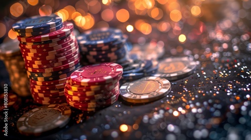 A stack of casino chips lies on the table. AI generation.