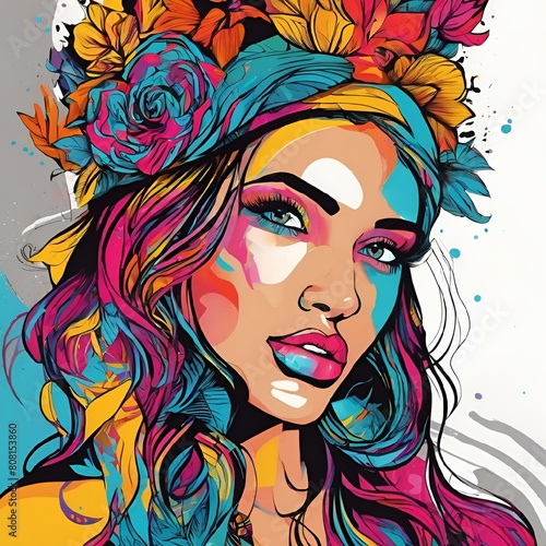 AI generated illustration of a woman with vibrant floral headpiece and pink lipstick