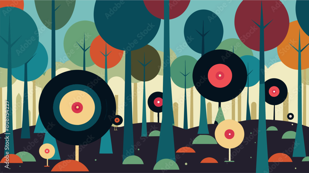 An enchanted forest where the trees are covered in vinyl records instead of leaves each one magically playing a snippet of a different song when Vector illustration
