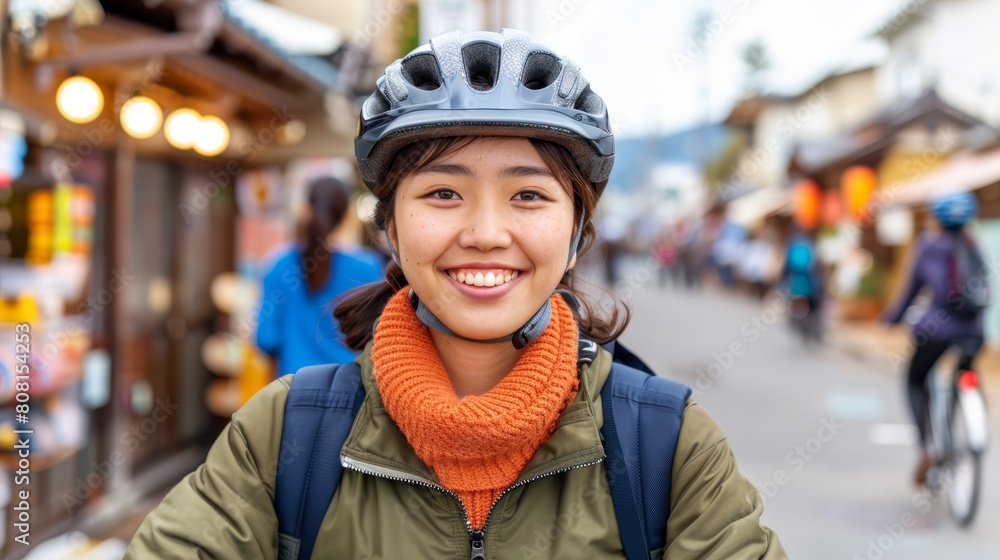 A woman in helmet and scarf grins at camera cycling on bustling street A woman in helmet and scarf grins at camera cycling on bustling street
