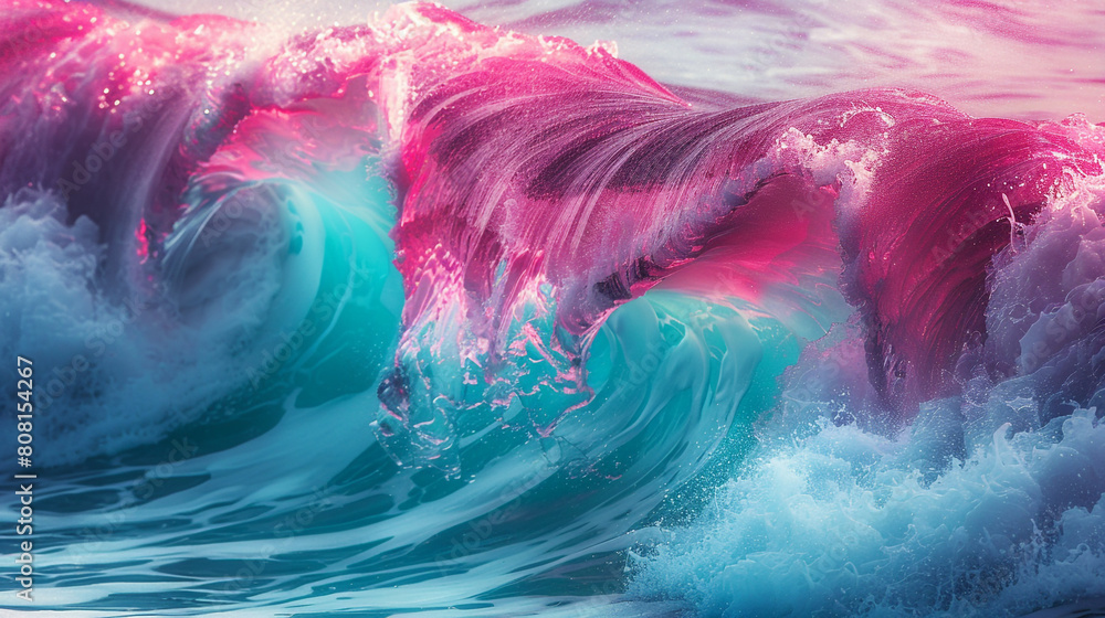 A vibrant and intense fusion of magenta and turquoise waves, colliding in a powerful display that captures the dynamic beauty of an ocean wave.