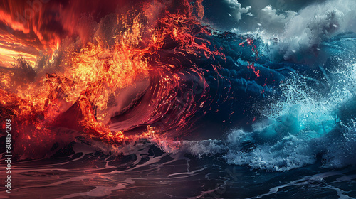 A dramatic and intense scene of fiery red and icy blue waves crashing together, creating a powerful visual spectacle that resembles a clash of elemental forces.