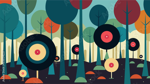 An enchanted forest where the trees are covered in vinyl records instead of leaves each one magically playing a snippet of a different song when Vector illustration