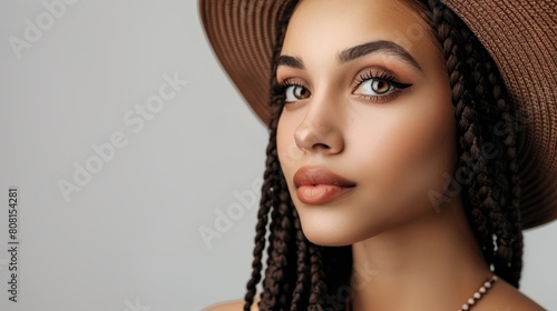  A tight shot of a woman in a brown hat, adorned with braids cascading down her back Neck adorned with a strand of pearls