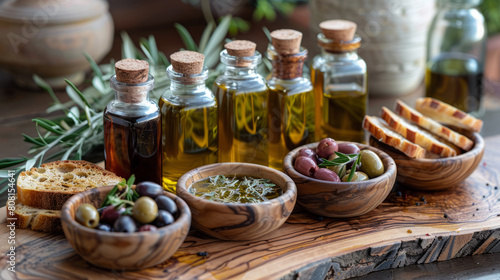 gourmet olive oil tasting, a gourmet olive oil tasting set with bowls of olives, bread slices, and mini oil bottles on a wooden board to enjoy the diverse flavors of this ingredient photo