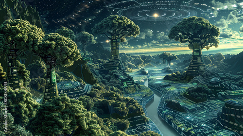 An intricate multiverse landscape showing a seamless blend of digital and natural worlds, where towering trees merge with circuit boards, 