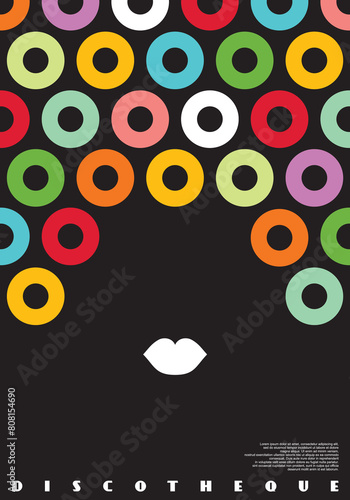 Disco party minimalist poster design with stylized girl portrait made from colorful lights and lips shape. Discotheque vector flyer illustration. 