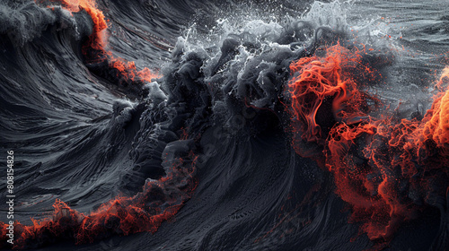 A dramatic and powerful scene of charcoal and scarlet waves colliding, their fierce interaction creating a visual spectacle that is both striking and intense.