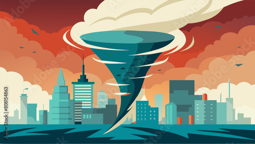 A tornado sweeping through a bustling city representing the chaos and upheaval caused by widespread unemployment and economic instability..