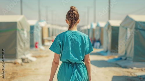 Female Healthcare Worker in Blue Scrubs at Refugee Camp. Generative ai © Iuliia Metkalova